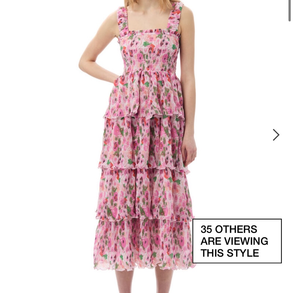 GANNI pleated georgette smocked midi dress in sugarplum